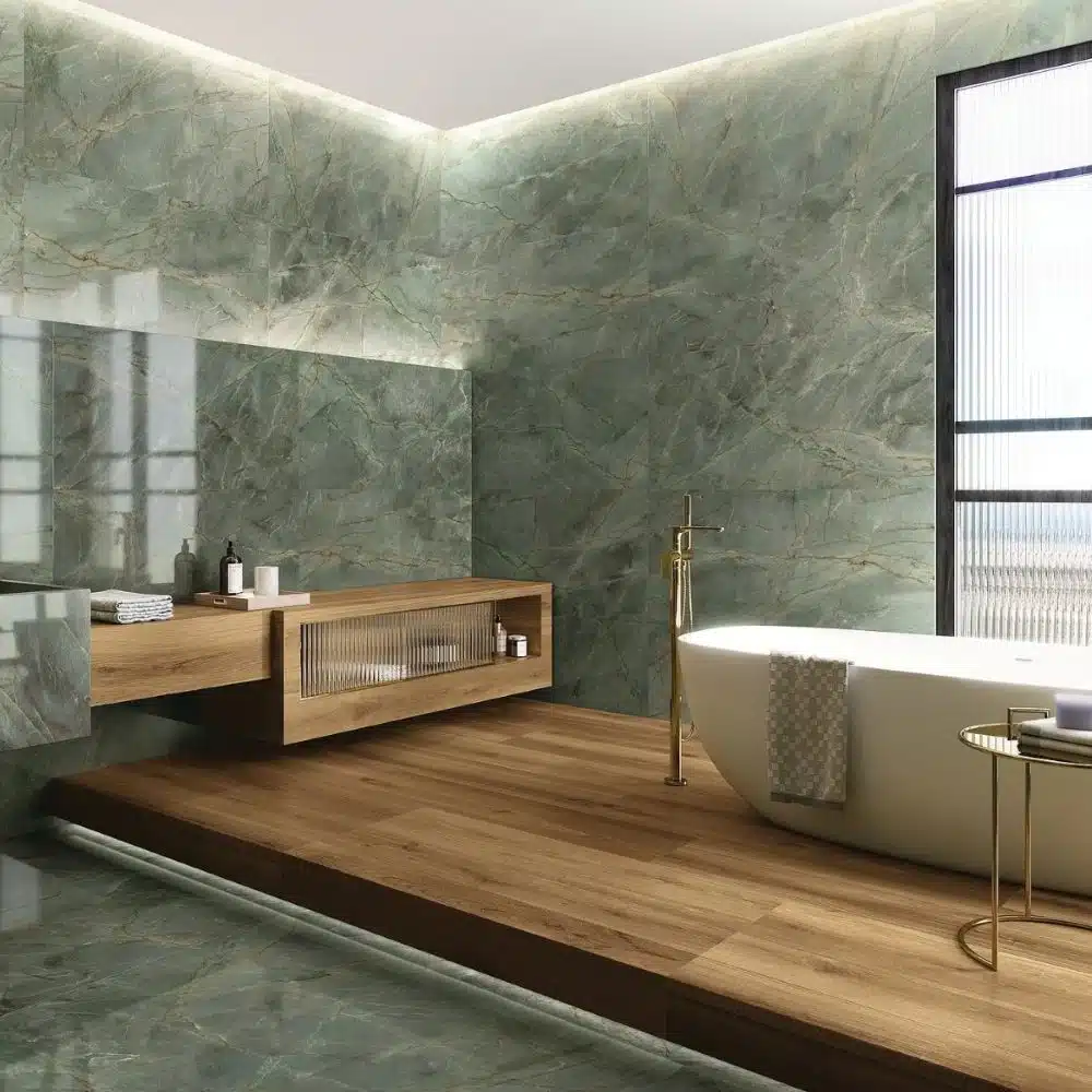 Green marble-effect porcelain tiles in a contemporary bathroom