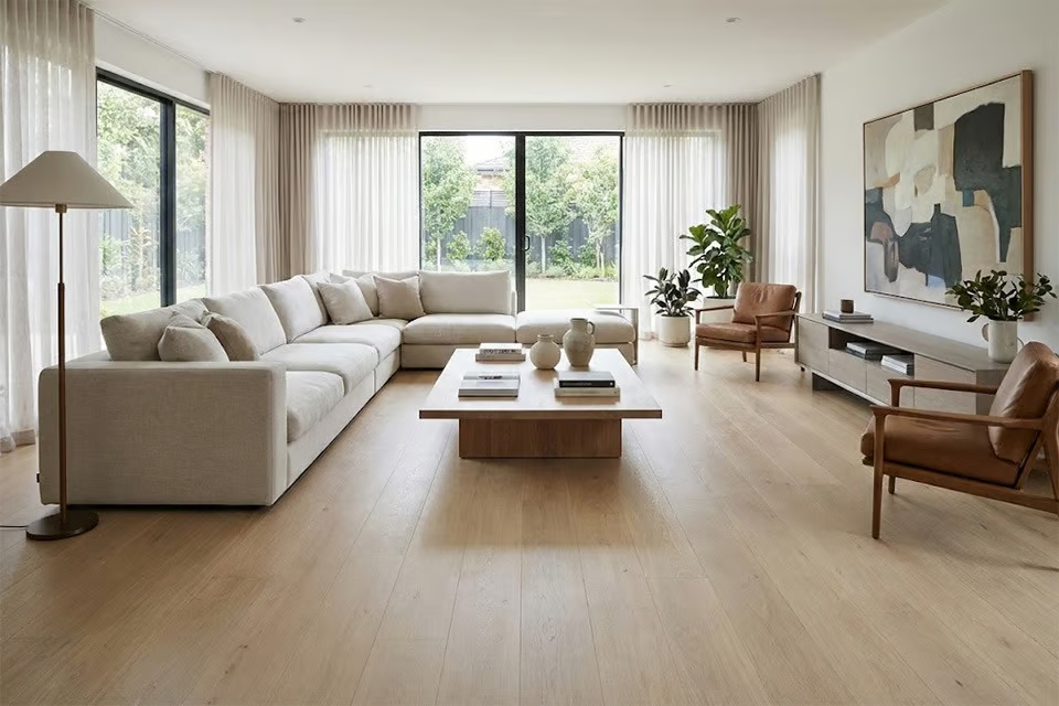 Warm wood flooring with soft natural styling