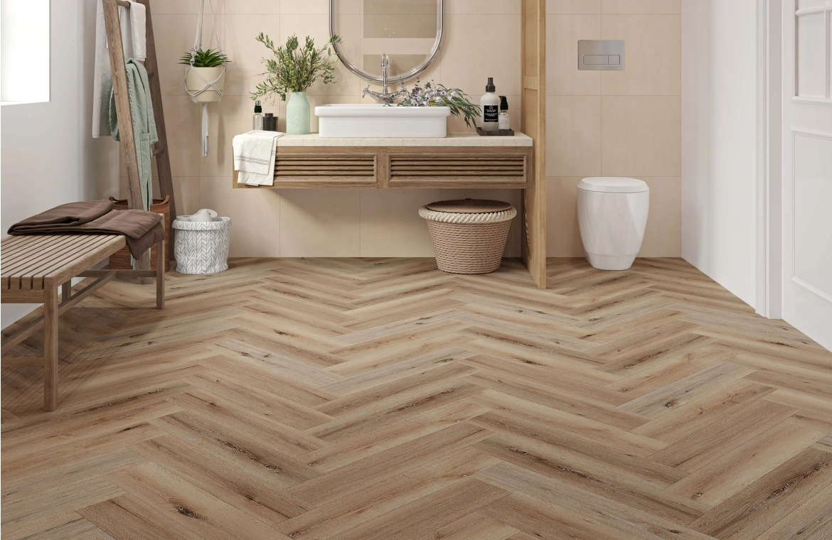 Detailed view of herringbone flooring pattern