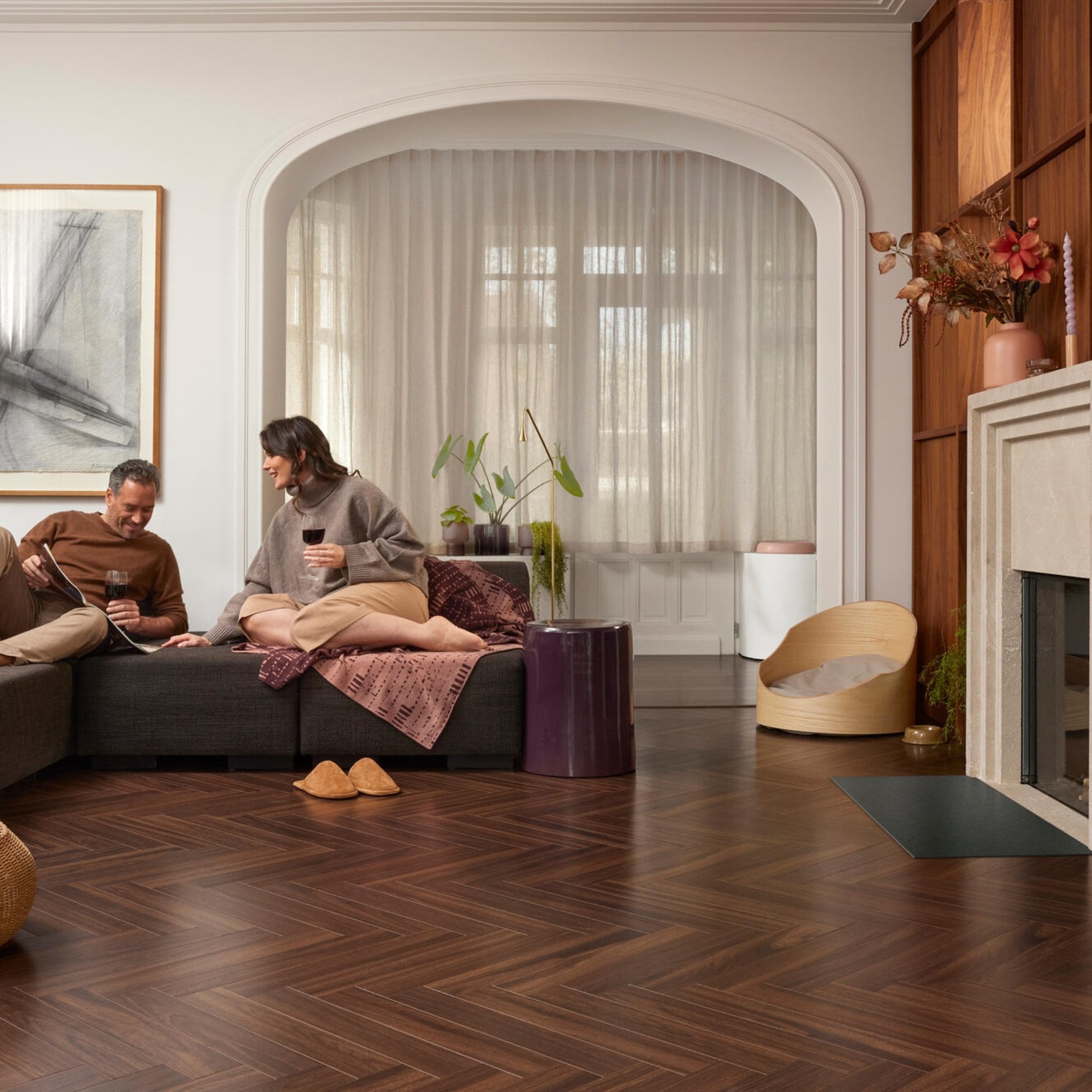 Herringbone flooring used in an elegant living space