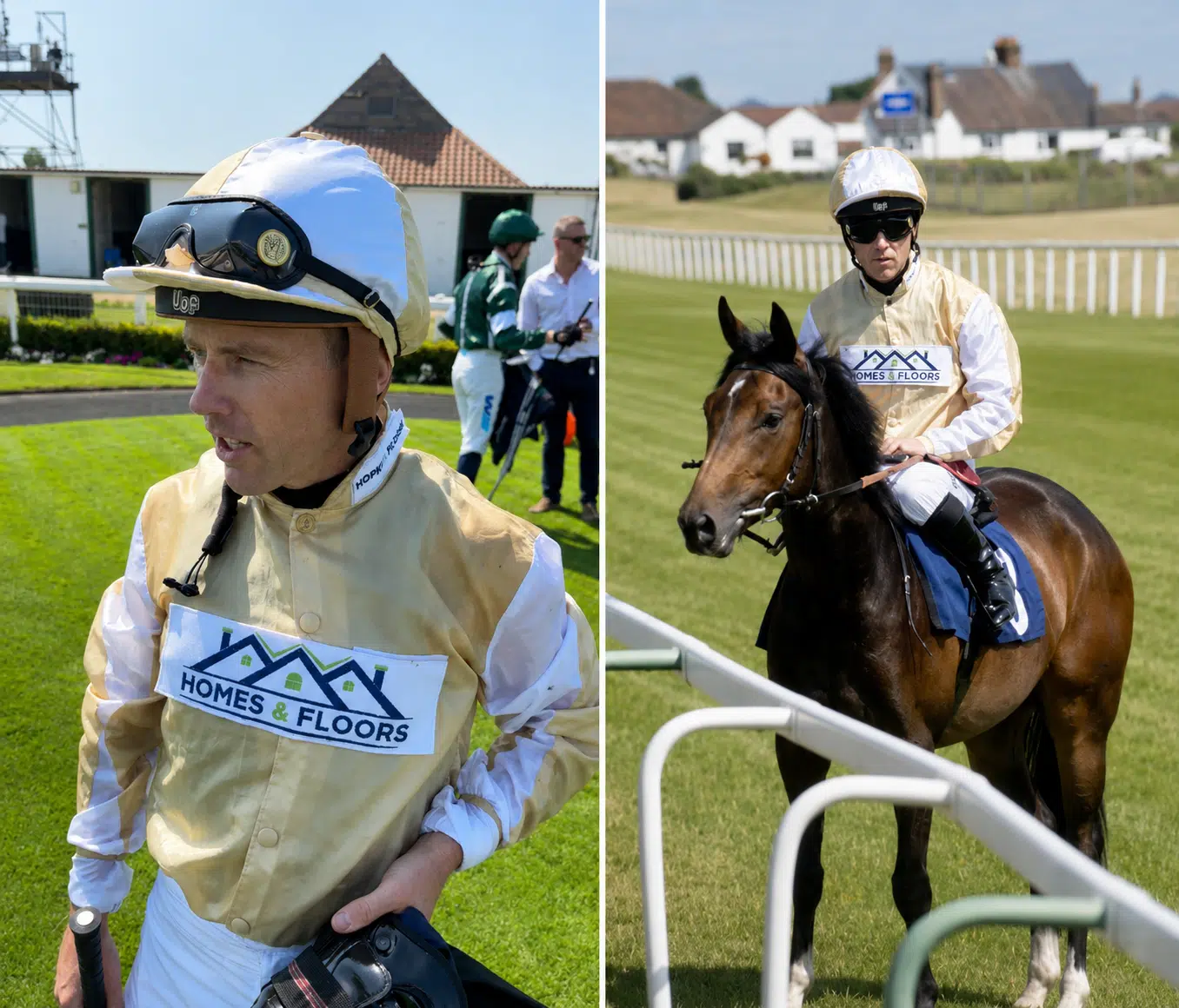 Jockey Paddy Bradley in Homes & Floors sponsored silks at the racecourse